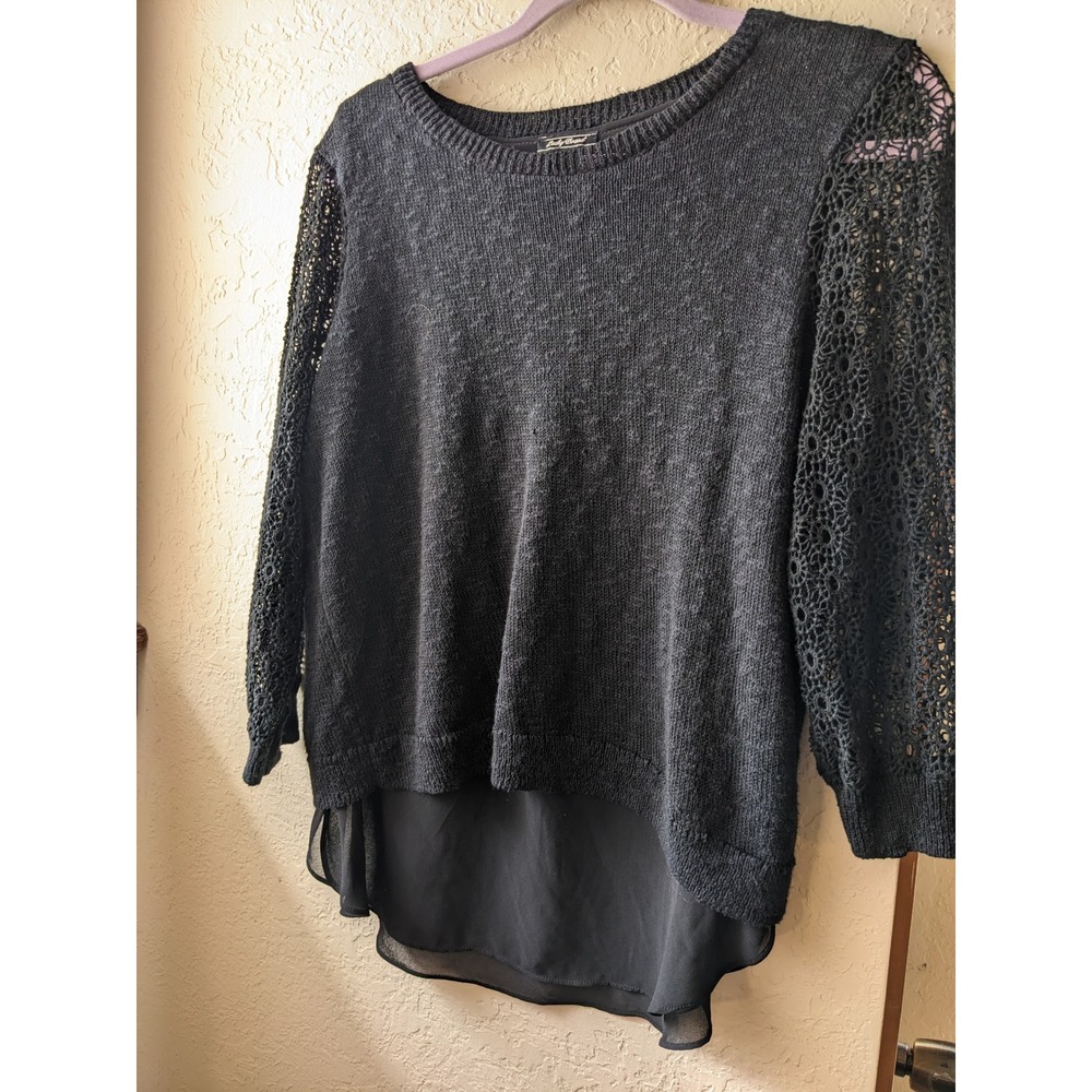Lucky Brand Womens Gray Linen Blend Crochet Sleeve Split Back Sweater 7W50971 L